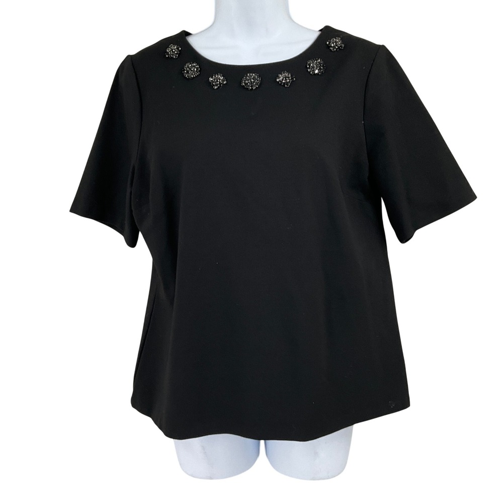 Talbots Top Women LP Black Classic Beaded Neckline Short Sleeve Petite Blouse